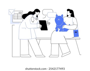 Ilustraciones vectoriales de dibujos animados aislados veterinarios de visita. Mujer y perro en la sesión de veterinario profesional, hacer un diagnostico, clínica canina, hablar con dibujos animados de Vectores especializados.