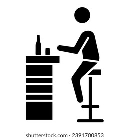 Visitor at bar solid icon, Bartenders Day concept, person near pub counter sign on white background, bar visitor on stool icon in glyph style for mobile and web design. Vector graphics