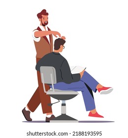 Visitor in Barber Shop. Hairdresser Barber Doing Hairstyle to Young Male Client Sitting on Chair Reading Magazine. Men Beauty Salon, Barbershop Service Concept. Cartoon People Vector Illustration