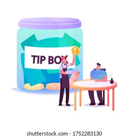 Visitor in Cafe Give Tips to Waiter, Male Character Sitting at Table in Restaurant, Staff in Uniform Holding Gold Coin. Tiny People at Huge Tip Box. Hospitality Service. Cartoon Vector Illustration