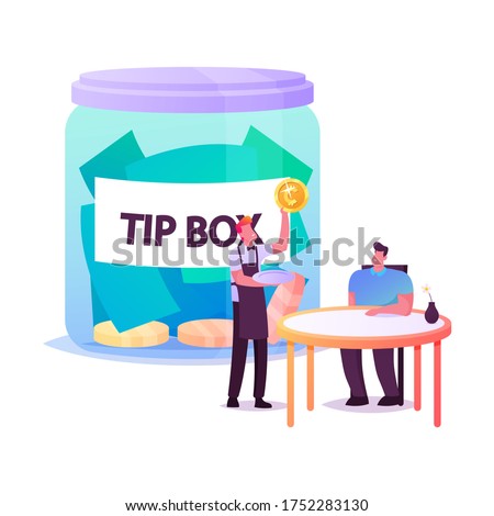 Visitor in Cafe Give Tips to Waiter, Male Character Sitting at Table in Restaurant, Staff in Uniform Holding Gold Coin. Tiny People at Huge Tip Box. Hospitality Service. Cartoon Vector Illustration