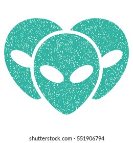 Visitor Heads grainy textured icon for overlay watermark stamps. Flat symbol with dust texture. Dotted vector cyan ink rubber seal stamp with grunge design on a white background.