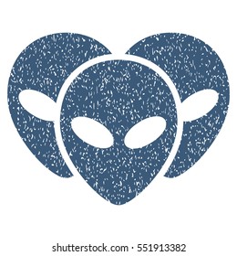 Visitor Heads grainy textured icon for overlay watermark stamps. Flat symbol with unclean texture. Dotted vector blue ink rubber seal stamp with grunge design on a white background.