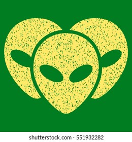 Visitor Heads grainy textured icon for overlay watermark stamps. Flat symbol with unclean texture. Dotted vector yellow ink rubber seal stamp with grunge design on a green background.