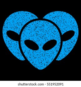 Visitor Heads grainy textured icon for overlay watermark stamps. Flat symbol with unclean texture. Dotted vector blue ink rubber seal stamp with grunge design on a black background.