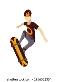 Visitor of isometric skatepark. Young man jumping on skateboard. Modern youth leisure. Recreation playground vector illustration