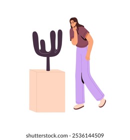 Visitor looking at exposition of modern artist in art gallery. Curious girl walks in painting museum, enjoys of abstract sculptures, pictures in exhibition. Flat isolated vector illustration on white