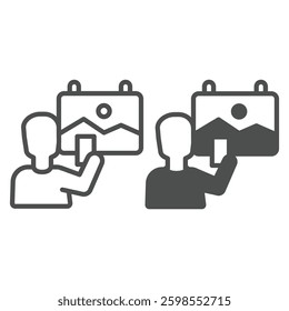 Visitor man with smartphone and painting line and solid icon, exhibition concept. Vector graphics. Human with camera, photography sign on white background, outline style icon for mobile or web design