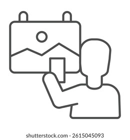 Visitor man with smartphone and painting thin line icon, exhibition concept. Vector graphics. Human with camera, photography sign on white background, outline style icon for mobile or web design
