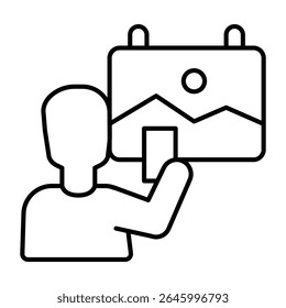 Visitor man with smartphone and painting thin line icon, exhibition concept. Vector graphics. Human with camera, photography sign on white background, style mobile or design