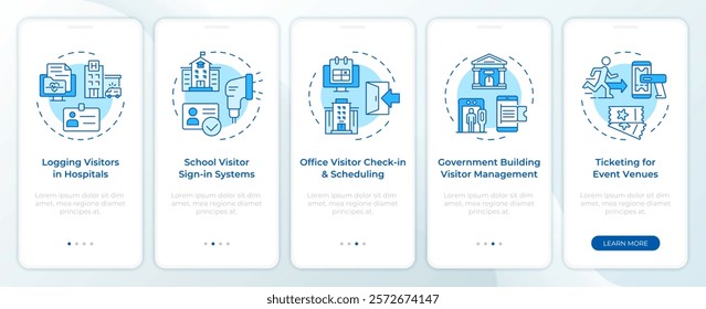 Visitor management blue onboarding mobile app screen. Walkthrough 5 steps editable graphic instructions with linear concepts. UI, UX, GUI template