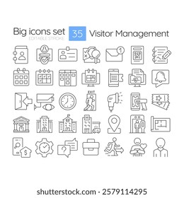 Visitor management linear icons set. Personal information, privacy. Surveillance tracking, monitoring. Customizable thin line symbols. Isolated vector outline illustrations. Editable stroke