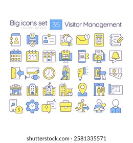 Visitor management RGB color icons set. Scheduling systems. Employee communication, workplace safety. Isolated vector illustrations. Simple filled line drawings collection. Editable stroke