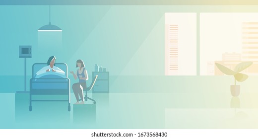 Visitor In Medical Ward Of Patient In Bed Flat Vector Illustration. Medical Clinic Interior Collection.