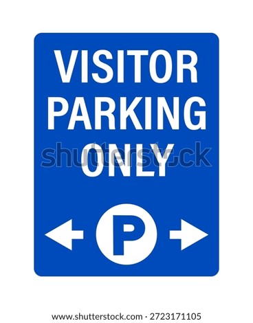 Visitor parking only. Information sign with text, symbol and  directional arrows. Rectangle shape, blue background.