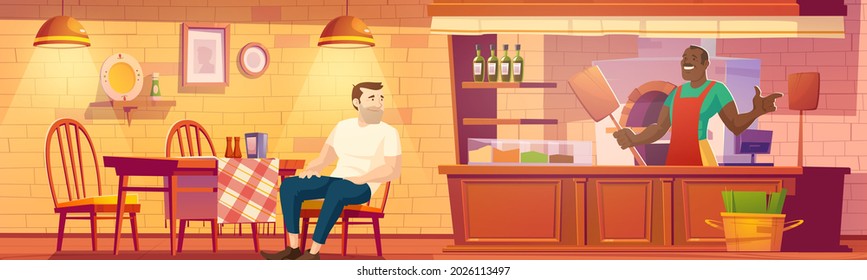 Visitor in pizzeria , man sit at cafe table, baker