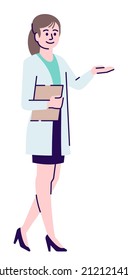 Visitor service position semi flat RGB color vector illustration. Female medical receptionist in white robe isolated cartoon character on white background