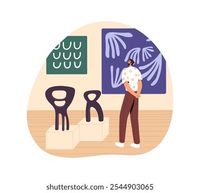 Visitor walks among abstract expositions in art gallery. Man looking at contemporary pictures, sculpture in museum exhibition. Painting hall. Flat isolated vector illustration on white background.