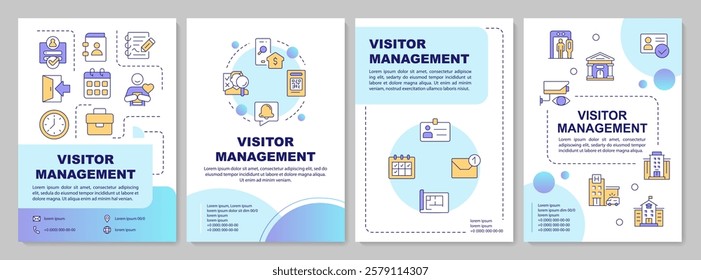 Visitors access management blue gradient brochure template. Surveillance tracking, monitoring. Leaflet design with linear icons. Editable 4 vector layouts