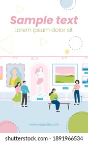 Visitors of art gallery or museum watching exhibits isolated flat vector illustration. Cartoon tourists looking at paintings at public excursion. Public exposition and culture concept