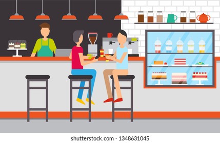 Visitors and barista or bartender, cafe or bar interior vector. Desserts and drinks, cakes and lemonade, men at counter on stools, showcase with food