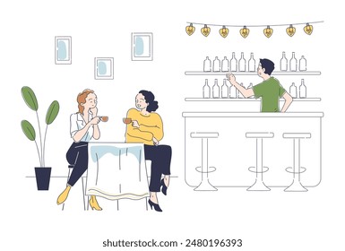 Visitors in cafe concept. Two women sitting at table with cups of coffee or tea. Friends talks inside restaurant or bar. Customers with beverage. Linear flat vector illustration