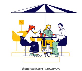 Visitors Characters Sit at Disinfected Outdoor Cafe or Restaurant Table Drinking Coffee and Communicate. Friends Meet Up during Coronavirus. Young People Meeting Outdoor. Linear Vector Illustration