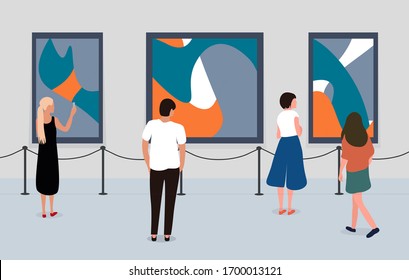 Visitors Of Classic Art Gallery Or Museum Viewing Exhibits. Museum Visitors Looking At The Painting Hanging On Gallery Wall, People Viewing Museum Exhibit. Colorful Vector Illustration In Flat Style.