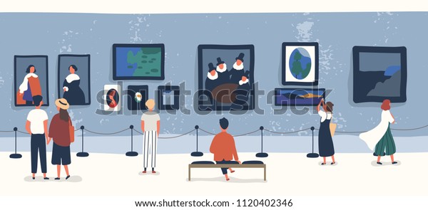 Visitors of classic art gallery or museum viewing\
exhibits. People or tourists looking at paintings at exhibition.\
Men and women enjoying artworks. Colorful vector illustration in\
flat cartoon style.
