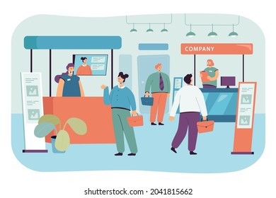 Visitors coming to exhibition in business center. Men and women at trade show flat vector illustration. Business marketing or presentation concept for banner, website design or landing web page