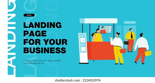 Visitors coming to exhibition in business center. Men and women at trade show flat vector illustration. Business marketing or presentation concept for banner, website design or landing web page