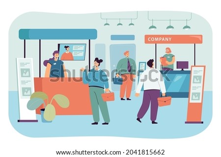 Visitors coming to exhibition in business center. Men and women at trade show flat vector illustration. Business marketing or presentation concept for banner, website design or landing web page