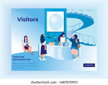 Visitors Communicate with Young Woman Receptionist Stand Behind of Desk with Laptop Girl Administrator Speak with Guests, Public Place Hospitality, Cartoon Flat Vector Illustration, Horizontal Banner