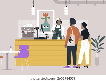 Visitors engage with a friendly barista at a chic design cafe filled with modern decor, creating a lively environment for socializing and enjoying great coffee