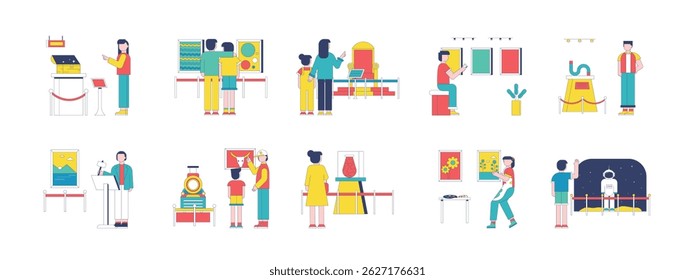 Visitors enjoy the artworks in the museum exhibition, education and observation. Character design. Vector flat illustration