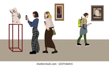 Visitors to the exhibition, young men and women, walk through the halls and take pictures of paintings. Hand drawn trendy Vector illustration. Cartoon style. Banner, website design templates