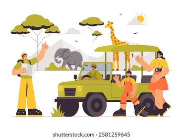 Visitors Explore the Wildlife Safari Illustration Featuring People Enjoying a Zoo Visit with Giraffes, Elephants, and Other Animals in a Background