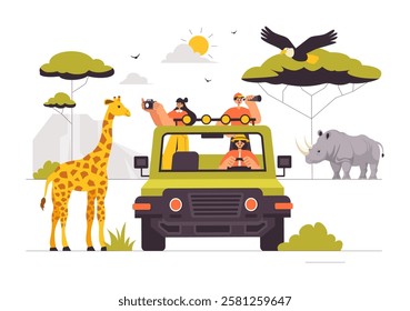 Visitors Explore the Wildlife Safari Illustration Featuring People Enjoying a Zoo Visit with Giraffes, Elephants, and Other Animals in a Background