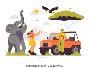 Visitors Explore the Wildlife Safari Illustration Featuring People Enjoying a Zoo Visit with Giraffes, Elephants, and Other Animals in a Background