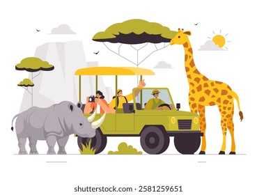 Visitors Explore the Wildlife Safari Illustration Featuring People Enjoying a Zoo Visit with Giraffes, Elephants, and Other Animals in a Background