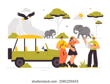 Visitors Explore the Wildlife Safari Illustration Featuring People Enjoying a Zoo Visit with Giraffes, Elephants, and Other Animals in a Background