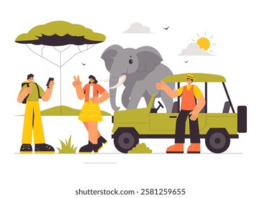 Visitors Explore the Wildlife Safari Illustration Featuring People Enjoying a Zoo Visit with Giraffes, Elephants, and Other Animals in a Background