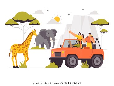 Visitors Explore the Wildlife Safari Illustration Featuring People Enjoying a Zoo Visit with Giraffes, Elephants, and Other Animals in a Background