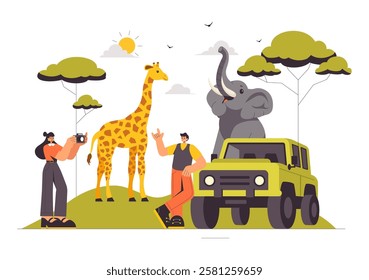 Visitors Explore the Wildlife Safari Illustration Featuring People Enjoying a Zoo Visit with Giraffes, Elephants, and Other Animals in a Background