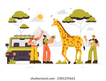 Visitors Explore the Wildlife Safari Illustration Featuring People Enjoying a Zoo Visit with Giraffes, Elephants, and Other Animals in a Background