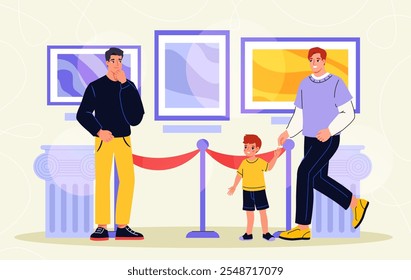 Visitantes na galeria. Homens com criança na galeria de arte olhando obras de arte. Descanso cultural e recreação. Turistas com artes contemporâneas. Ilustração de vetor plano isolada no plano de fundo bege