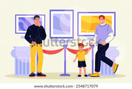 Visitors in gallery. Men with child in art gallery looking at artworks. Cultural rest and recreation. Tourists with contemporary arts. Flat vector illustration isolated on beige background