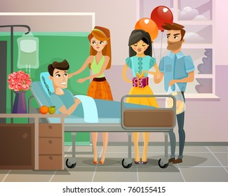 Visitors with gifts and balloons near lying patient on bed in hospital ward vector illustration