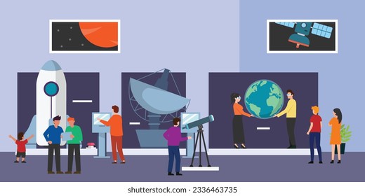 Visitors men and women in astronomy museum on excursion 2d vector illustration concept for banner, website, illustration, landing page, flyer, etc