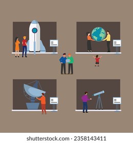 Visitors men and women in astronomy museum on excursion 2d vector illustration concept for banner, website, landing page, flyer, etc